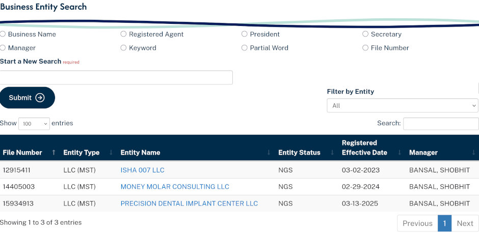 Screenshot from Illinois Secretary of State Business Entity Search